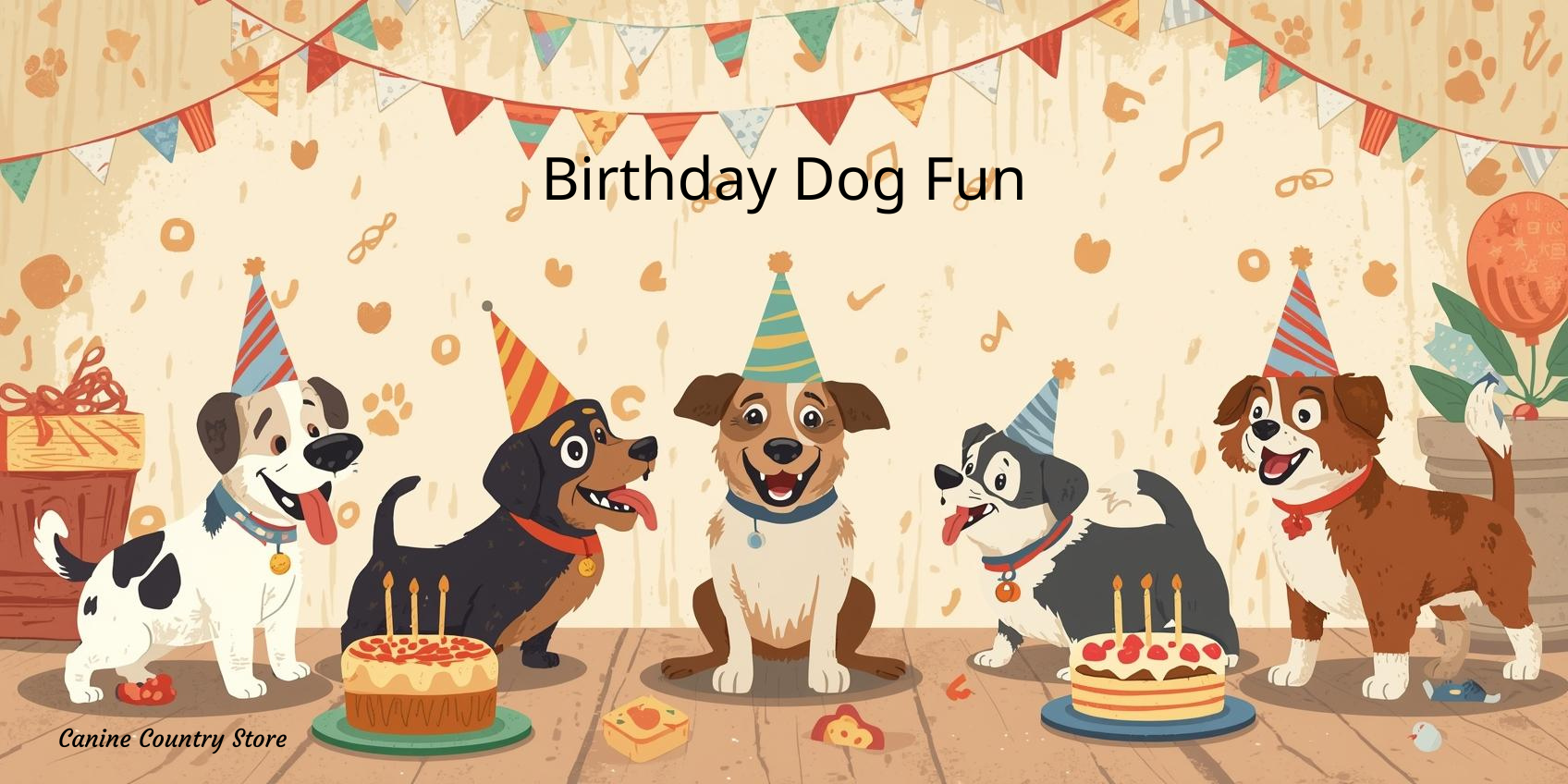 A cute cartoon dog celebrating first birthday.