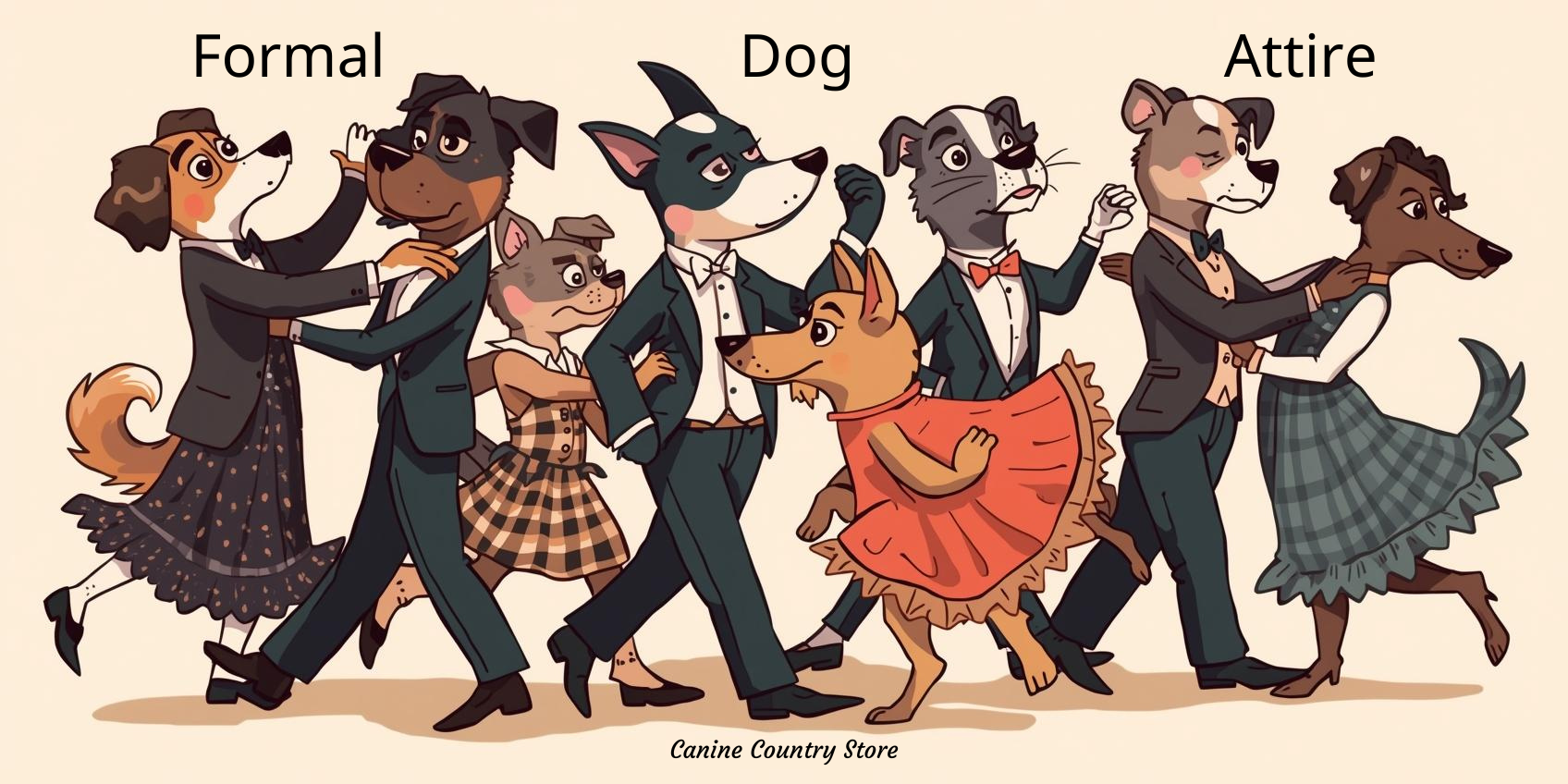 Social gathering of dogs in formal attire at Canine Country Store.