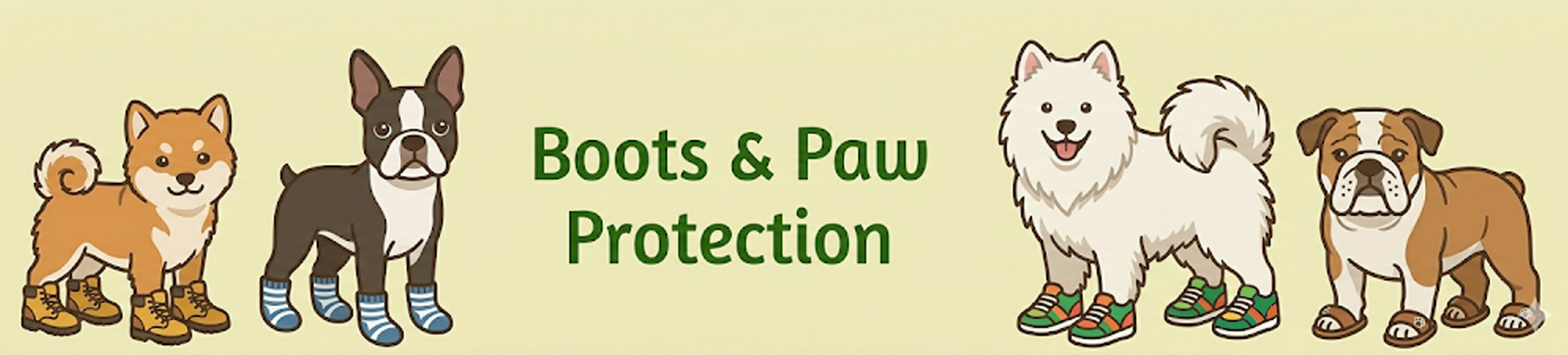 Four cartoon dogs wearing different types of paw protection.