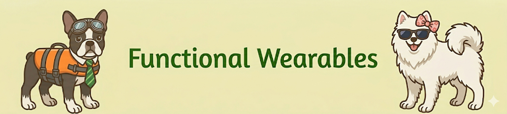 A cartoon dog wearing goggles and a life jacket and one wearing sunglasses and a bow.