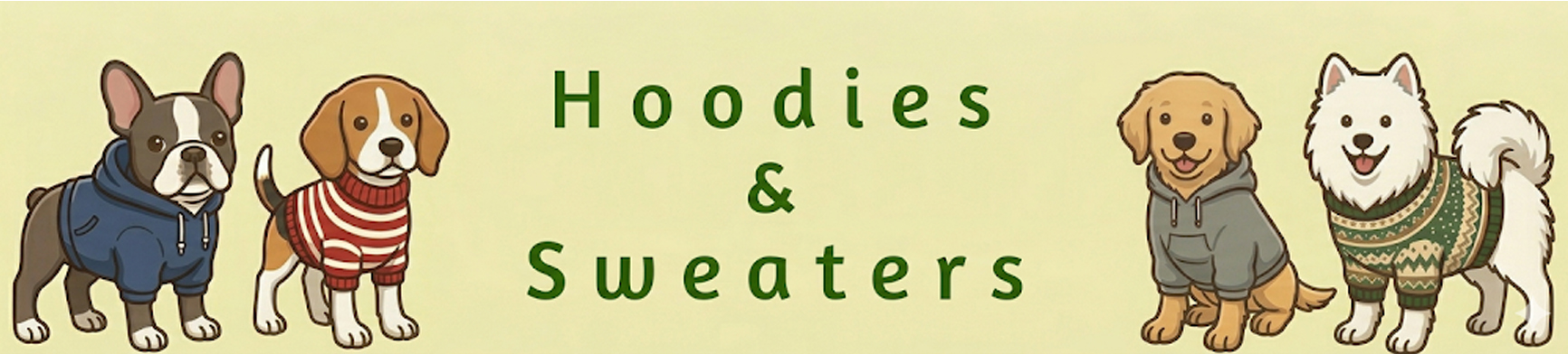 Two dogs in hoodies and two dogs in sweaters.