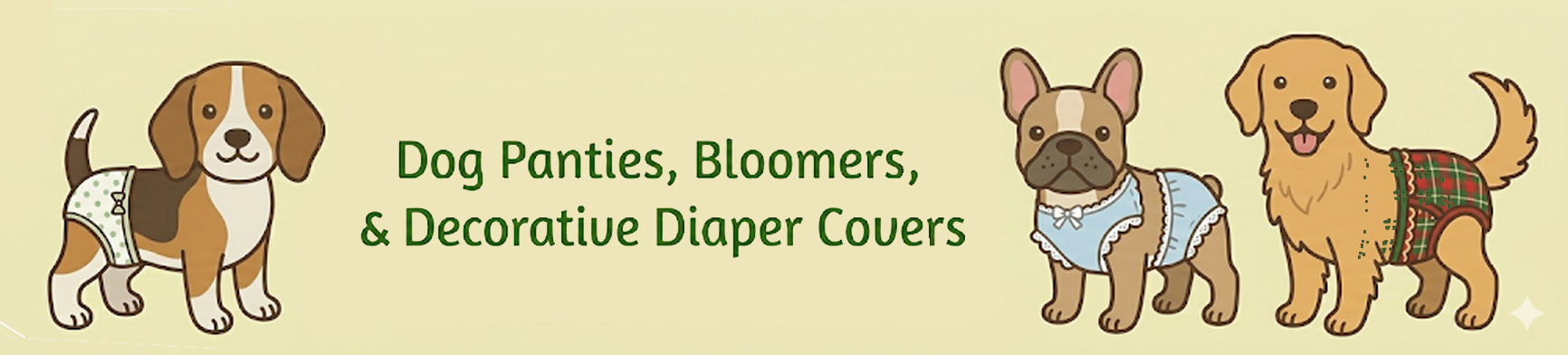 Three cute cartoon dogs wearing bloomers.