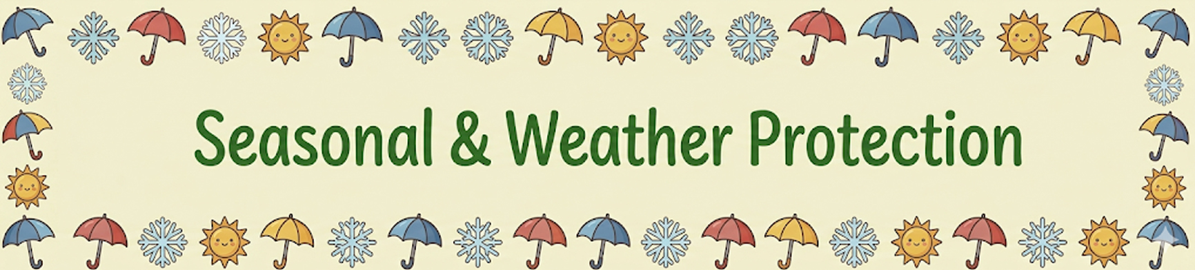 A frame of umbrellas, suns, and snow flakes.