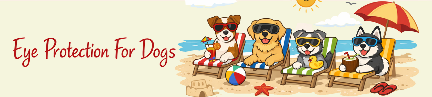 A beach party with all the dogs wearing protective eye wear!