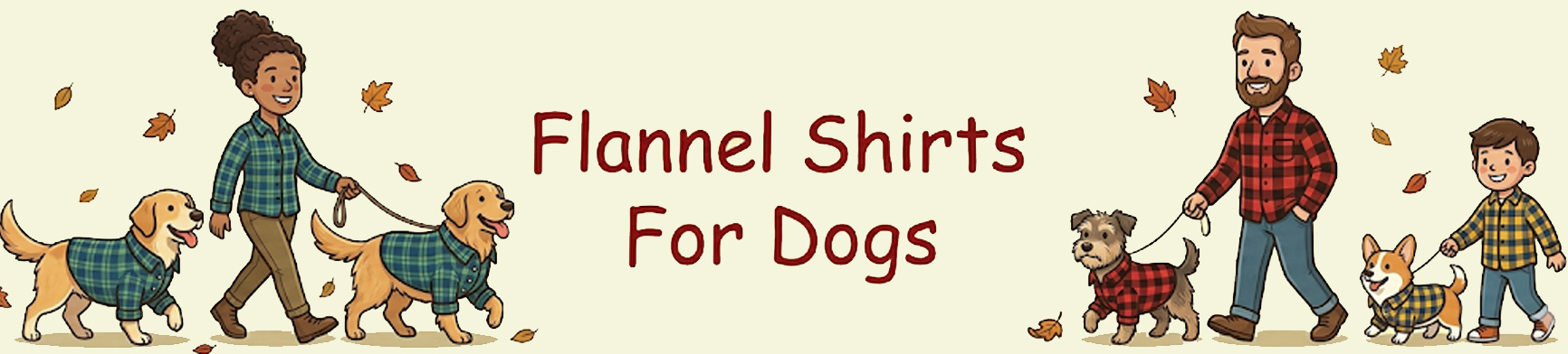 People walking pups dressed in identical flannel!