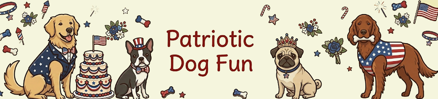 A happy pack of dogs decked out in patriotic red, white, & blue.