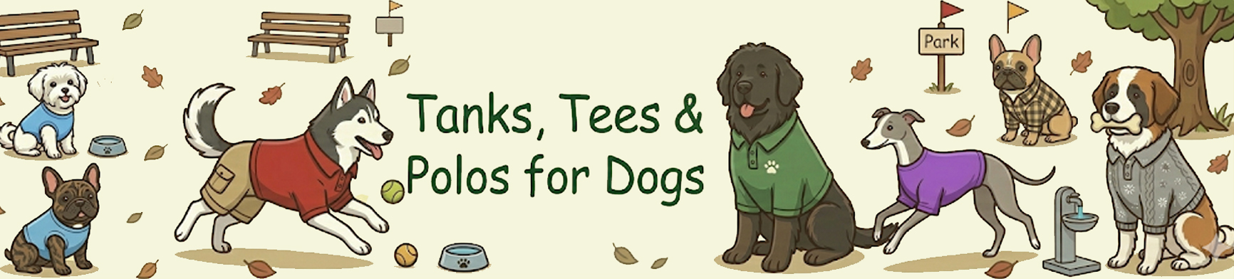 A pack of dogs hanging out at the Dog Park wearing the tanks, tees, and polos!