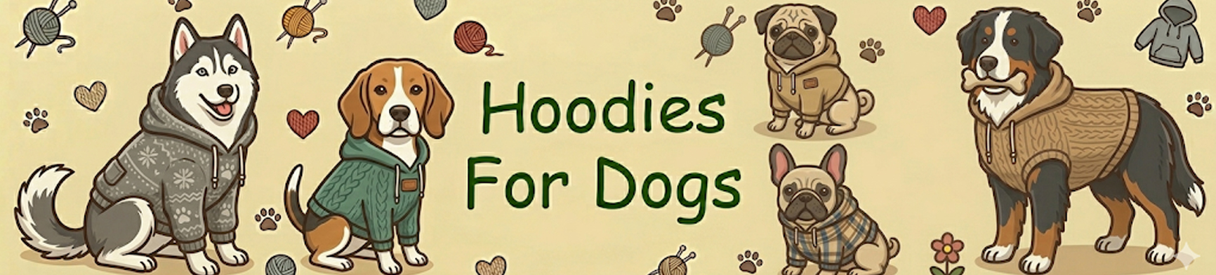 Four dogs wearing their hoodies and just hanging out.