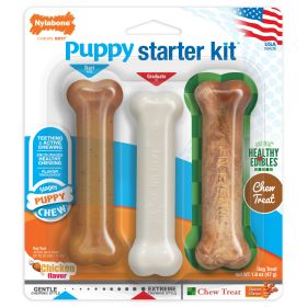 Nylabone Puppy Starter Kit Puppybone/Edible Bacon/DuraChew Chick Regular Gentle Teething Toy Pack