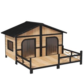 PawHut Large Wooden Dog House Raised Weatherproof Rustic Log Cabin Style Elevated Shelter Porch Deck
