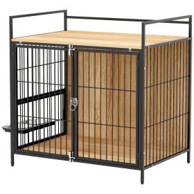 PawHut 30-Inch Dog Crate Indoor Kennel Side Table Rotatable Bowls Anti-Escape Doors