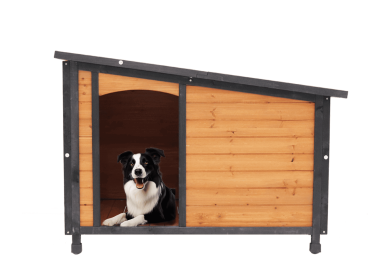 46" Dog House Outdoor Wooden Kennel Raised Feet Weatherproof PVC Waterproof Roof