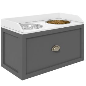 PawHut Elevated Feeding Station Two Stainless Steel Bowls Storage Drawer Twenty One Liter Capacity Raised Brown Organized Daily Feeding