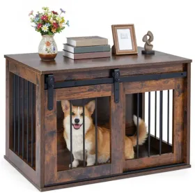 Dog Crate Wooden End Table 31.5 Inch Sliding Barn Door Indoor Brown CCS