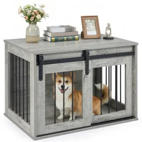 Dog Crate Wooden End Table 31.5 Inch Sliding Barn Door Indoor Gray CCS