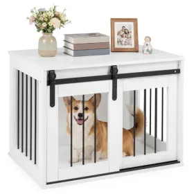 Dog Crate Wooden End Table 31.5 Inch Sliding Barn Door Indoor White CCS