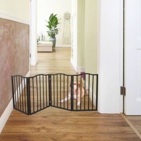 Freestanding Wooden Dog Gate Foldable 4 Panel Accordion Folding Safety Barrier 73 Inch Wide Dark Brown CCS