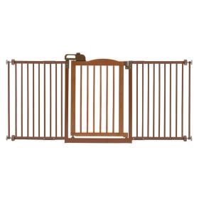 Richell Wide One-Touch Gate II Pressure Mount Expandable Brown Wooden Hallway Gate