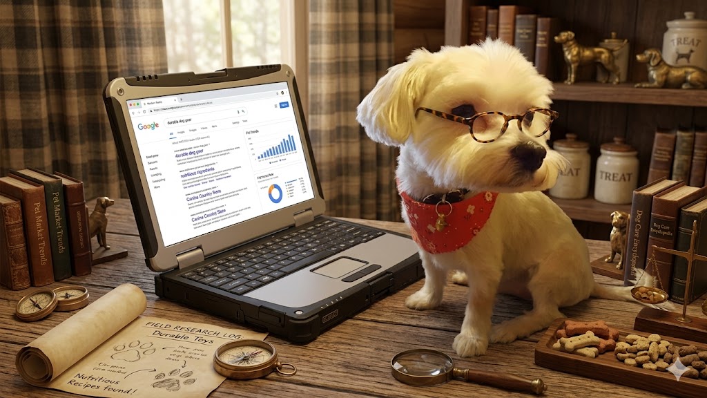 Lego, Biewer Yorkie Co-CEO of Canine Country Store, researching special requests for durable dog gear and nutritious treats at his modern rustic desk.