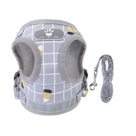Reflective Dog Chest Harness and Leash Set Adjustable Mesh Padding Safe Night Walking Puppy (Option: GreyCheckered_XL)