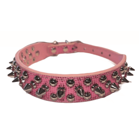 Spiked Studded Leather Dog Collar Rivets Adjustable (Color: Pink Sparkle, size: S)