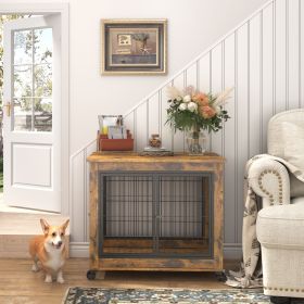 Furniture Style Dog Crate Side Table Wheels Double Doors Lift Top Style (Color: Rustic Brown)