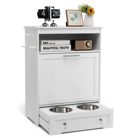 Dog Feeder Station Stainless Steel Bowls Drawer Tidy (Color: White)