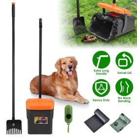 Pooper Scooper Kit Dog Rake Swiveling Bin Heavy Duty Pick Up Tool Extra Long Handle 35 Waste Bags Dispenser (Color: As Shown)