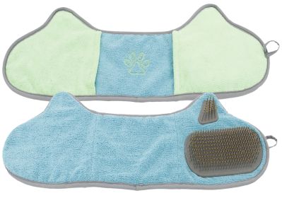 Pet Life Bryer 2-in-1 Hand-Inserted Microfiber Grooming Towel Brush Chenille Absorbent Rubber Bristles (Color: Blue / Aqua)