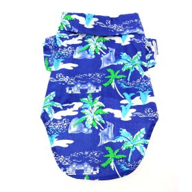 Doggie Design Hawaiian Camp Shirt 100 Percent Cotton Tropical Print Button Up Lightweight Summer Apparel Leash Hole Multiple Sizes Styles (Color: Ocean Blue and Palms, Size: XX-Small)