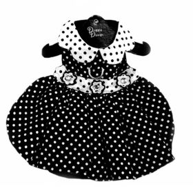 Black White Polka Dot Dog Dress Tulle Lining Rhinestone Buttons D-Ring Leash Set Parties Fashionable Heavy-Duty Re-enforced Puppy (Color: Black and White, size: X-Large)