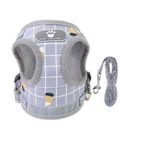 Dog Chest Harness & Leash Set Reflective Adjustable Mesh Padding No-Choke CCS (Option: GreyCheckered_L)