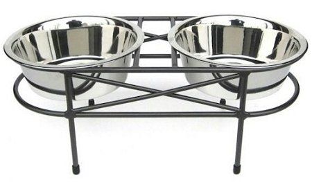 PetsStop Mesh Elevated Double Feeder Ergonomic Raised Iron Frame Stable Design Stainless Steel Three Quart Bowls Durable Modern (Option: Large/Black)
