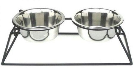 PetsStop Pyramid Elevated Double Dog Feeder Raised Stable Wrought Iron Stand Two Detachable Stainless Steel Bowls Unique Modern Sturdy (Option: Small/Black)