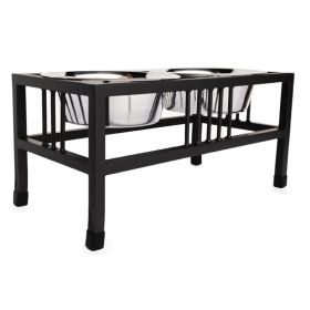 PetsStop Baron Double Feeder Raised Oval Wrought Iron Stand Non Skid Base Durable Construction Stainless Steel Bowls Elevated Stable (Option: Small/Black)