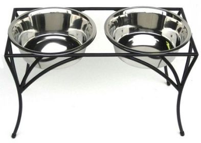 PetsStop Arbor Elevated Double Diner Raised Wrought Iron Stand Three Quart Stainless Steel Bowls Stable Design Non Skid Durable (Option: Large)