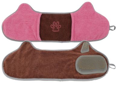 Pet Life Bryer 2-in-1 Hand-Inserted Microfiber Grooming Towel Brush Chenille Absorbent Rubber Bristles (Color: Brown / Pink)