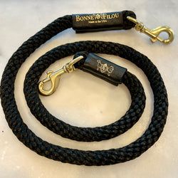 BONNE ET FILOU — Luxury Braided Rope Leash — Genuine Leather Brass Swivel Clip Premium Nylon Stylish Durable Walking Lead Made USA for Dogs (Color: Black w/ Black Leather Sleeve)