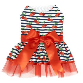 Doggie Design — Cherry Stripe Dog Harness Dress — Matching Leash Adorable Bow DRing Print Tulle Fancy Seasonal Apparel Lightweight Style Photo Moments (Size: X-Small)