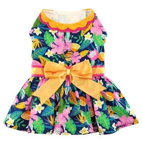 Doggie Design — Fiesta Floral Summer Dog Dress — Fashion Outfit Floral Print Cotton Bow Leash DRing Beachwear Harness Lightweight Style (Size: small)