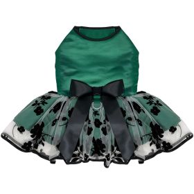 Doggie Design — Green Black Satin Dog Dress — Velvet Flowers Classic Bow DRing Elegant Apparel Seasonal Outings Photo Moments Lightweight Style (Size: X-Small)