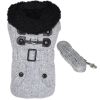 Doggie Design — Grey Herringbone Designer Harness Coat — Matching Leash Warm Winter Outerwear Soft Lining Adjustable Fit Small Medium Large Dogs
