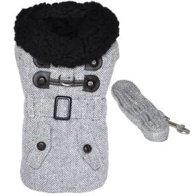 Doggie Design — Grey Herringbone Designer Harness Coat — Matching Leash Warm Winter Outerwear Soft Lining Adjustable Fit Small Medium Large Dogs (Size: X-Small)
