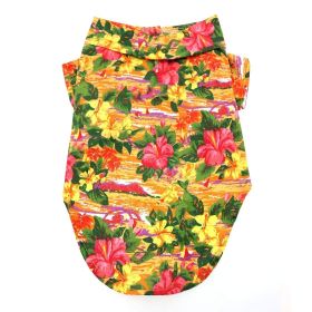 Doggie Design Hawaiian Camp Shirt 100 Percent Cotton Tropical Print Button Up Lightweight Summer Apparel Leash Hole Multiple Styles (Color: Sunset Hibiscus, Size: XX-Small)
