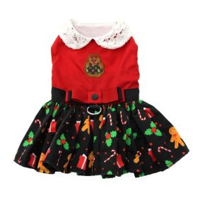 Doggie Design Red Velvet Christmas Dress Belt Fur Trim Leash Holiday Party Set (Color: Gingerbread, Size: X-Small)