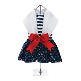 Doggie Design — Nautical Anchor Stripe Dog Harness Dress — Red Bow Wool Matching Leash DRing Classic Unique Satin Puppy Coastal Apparel Seasonal Style (Size: X-Small)