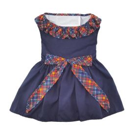 Doggie Design — Navy Plaid Dog Dress — Ruffles Bow Autumn Fall Matching Leash DRing Cotton Seasonal Style Crisp Weather Walks Photo Moments (Size: X-Small)