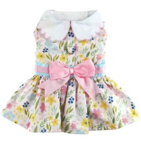 Doggie Design — Pastel Meadow Watercolor Flower Dog Dress — Pink Bow Cotton Lined Leash DRing Lightweight Breathable Party Style Soft Seasonal Look (Size: small)