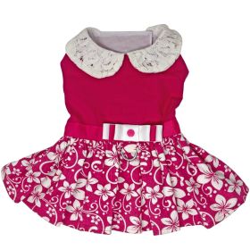 Doggie Design — Pink Hibiscus Floral Dog Dress — Lace Collar Design Matching Leash Boutique Harness Fashion Apparel Charming Seasonal Photo Moments (Size: X-Small)
