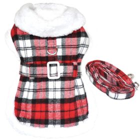 Doggie Design Dog Harness Sherpa-Lined Adjustable Matching Leash Winter Coat Set (Color: Red & White Plaid, Size: X-Small)